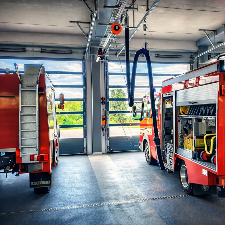 Einsatzfahrzeuge in einer Fahrzeughalle im Feuerwehrhaus